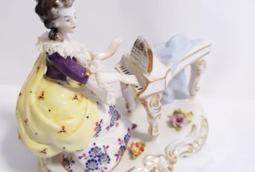 Antique German Volkstedt Dresden Lace Porcelain Lady & Piano Figurine