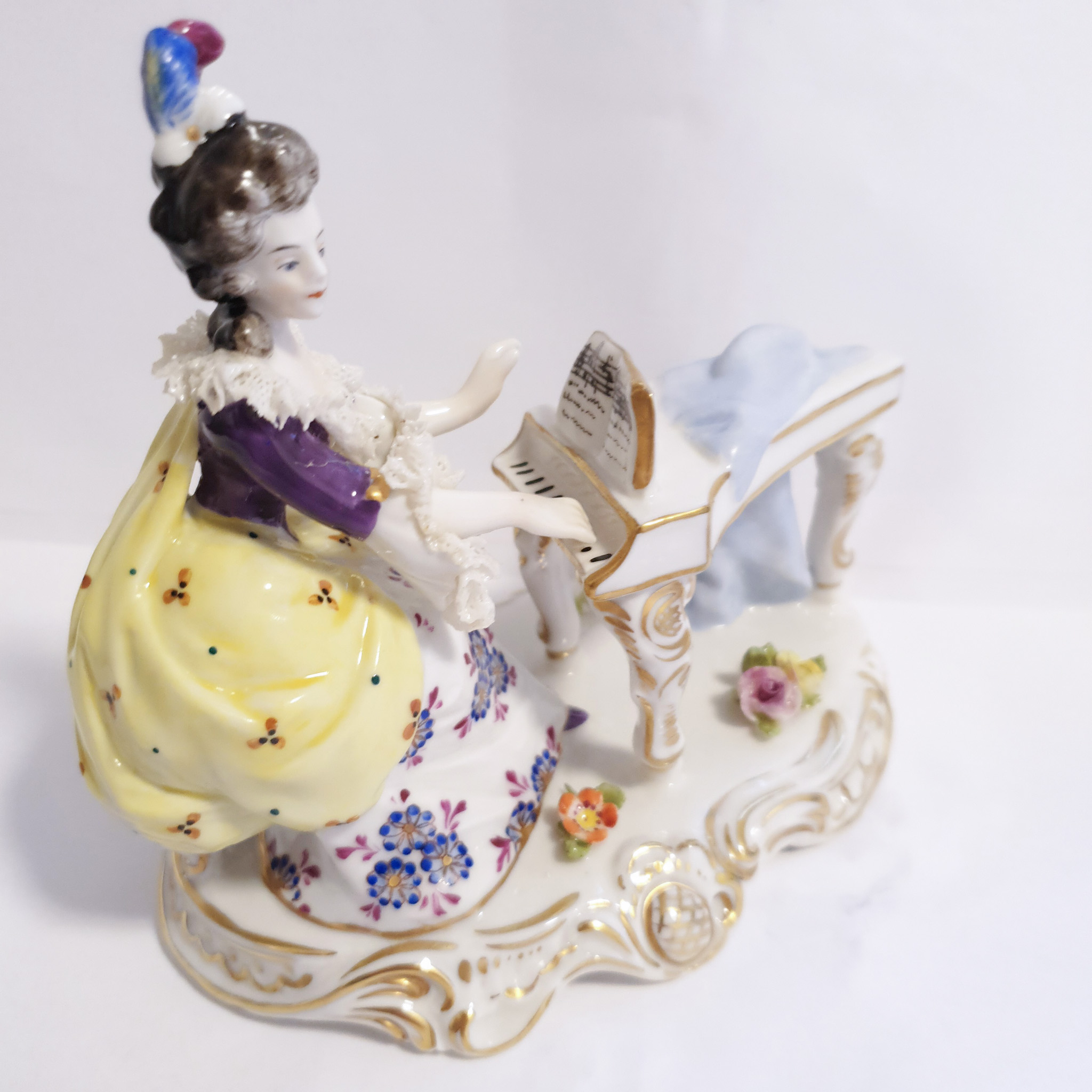 Antique German Volkstedt Dresden Lace Porcelain Lady & Piano Figurine
